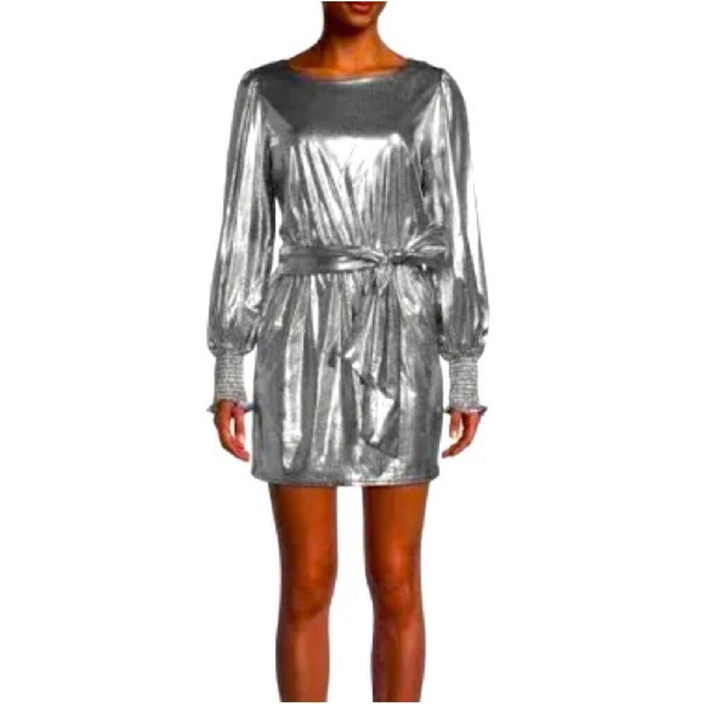 Betsey Johnson NWT Women Silver Metallic Self Tie Mini Dress Sz M New Years
